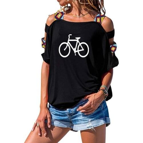 Bicycle bike Print t shirt Summer Women Sexy Hollow Out Shoulder Tees