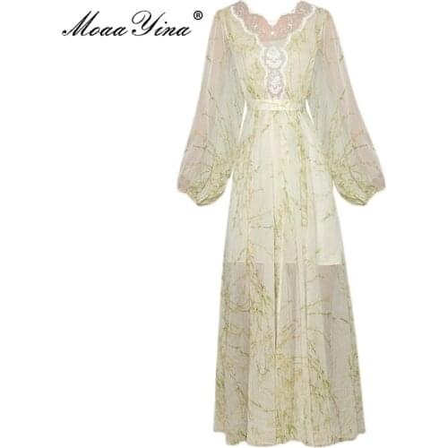 MoaaYina Fashion Runway Autumn Vacation Dress Womens V-Neck Embroidery Floral print Chiffon Elegant Party Dress