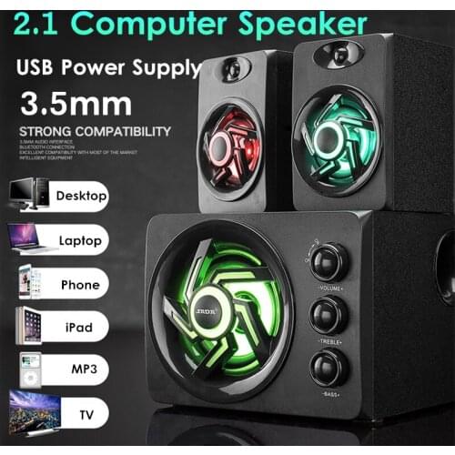 Multimedia 2.1 Desktop Computer Speaker LED Light Heavy Bass Subwoofer USB Power Supply For PC Laptop Cellphone