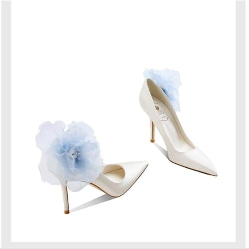 2021 spring new silk bridal wedding shoes stiletto high heel pointed shallow mouth banquet dress flower single shoes women