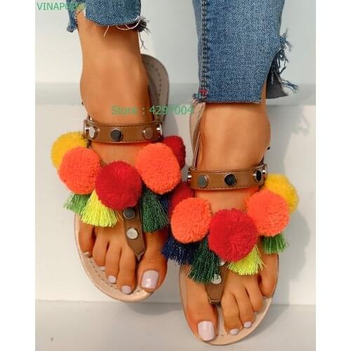 Womens summer Bohemian style colorful pom poms flat Sandals fur ball fringe tassel buckle strap flip-flops gladiator sandals