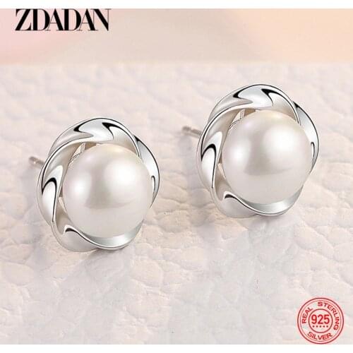 ZDADAN 925 Sterling Silver Charm Flower Pearl Stud Earring For Women Fashion Wedding Jewelry Party Gift