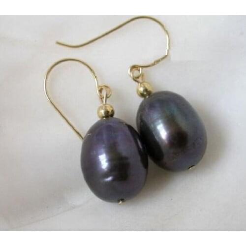 Natural AAA+ south sea black 12-14mm pearl dangle earring 14k/20 yellow Gold hook