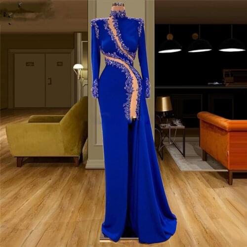 Chic Beading Long Evening Dresses 2020 Fashion Blue Dubai Party Gowns Formal Prom Dress Sexy Illusion Arabic Robe De Soiree