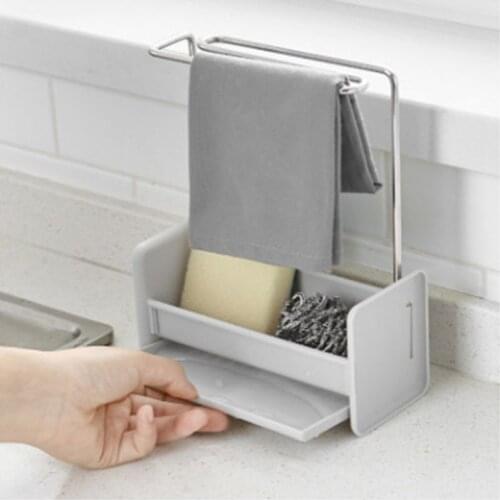 Kitchen Sponge Holder Sink Cleaning Brush Soap Organizer Rack with Drain Tray Rag Dishcloth Towel Hanging Shelf Removable