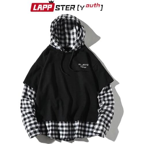 LAPPSTER Men Fake Two Pieces Streetwear Plaid Hoodies 2021 Autumn Pullover Mens Embroidery Sweatshirts Oversized Black Hoodies