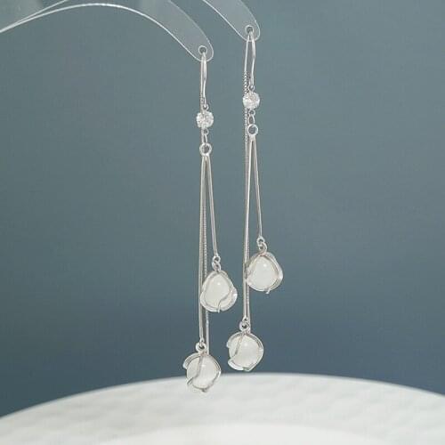 S925 Sterling silver Tassel earrings womens long twist piece opal drop Earrings with super fairy thread boho chinese fashion