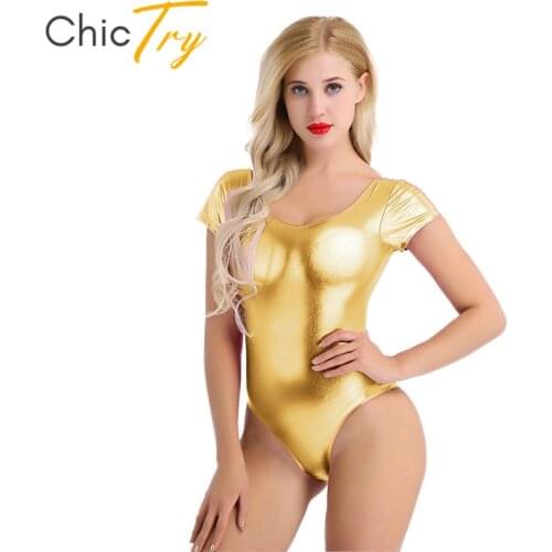 ChicTry Women Shiny Patent Leather Ballet Leotard Bodysuit Adult Short Sleeve Gymnastics Leotard Stage Performance Dance Costume