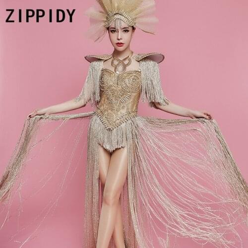 Sexy Queen Big Headpiece Costume Shrug Long Tassel Epaulet Bodysuit Female Singer Performance Gold Outfit Cosplay Clothing Set