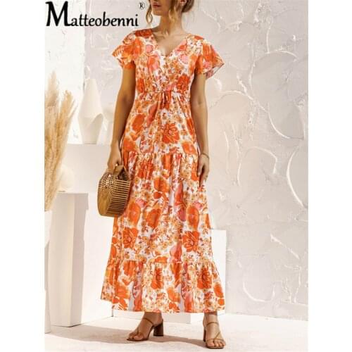 2021 fashion Printing V-neck Design Button Long Dress Summer New Women Casual High Waist Elegant Short Sleeve Sandy Beach Dress
