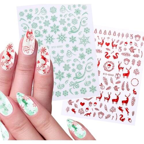 1 Pcs 3D Red Green Christmas Nail Stickers Snowflake Elk Santa Claus Transfer Slider Set Winter Sparkly Decal New Year Gift