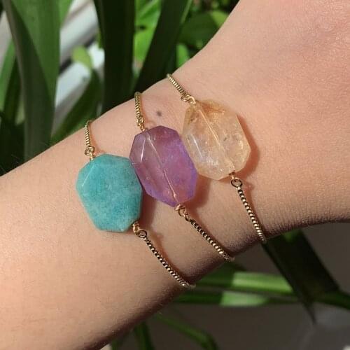 Natural Stone Bracelet Adjustable Faceted Geometric Charm Amethysts Amazonite Citrines Pink Quartz Purple Crystal Bracelet Women