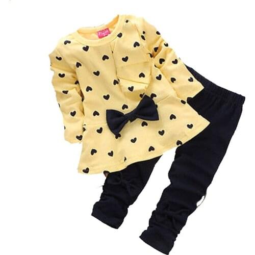 Children Baby Girl Heart-shaped Bow 2PCS Clothes Set Outfits long sleeve o-neck Top + Pants 2-5Y