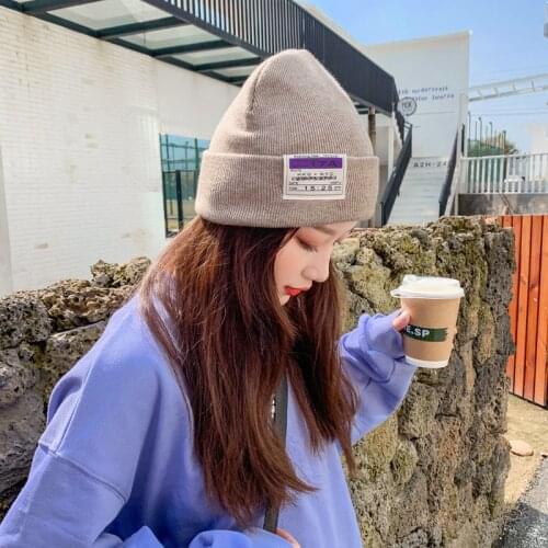 Candy Color Warm Woolen Hat Solid Tide High-Density Korean Version Knitted Hat Autumn And Winter Labeling Letter Hat Female