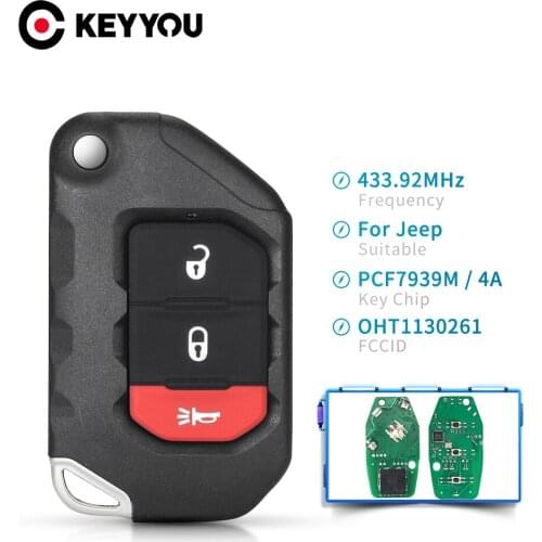 KEYYOU For Jeep Remote Car Key ASK 433MHz PCF7939M 4A Chip For Jeep Wrangler Gladiator 2018 2019 2020 OHT1130261 3/ 4 Buttons