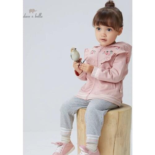 DBM18328 dave bella autumn baby girls fashion floral embroidery hooded clothing sets kids girl cute sets children 2pcs suit