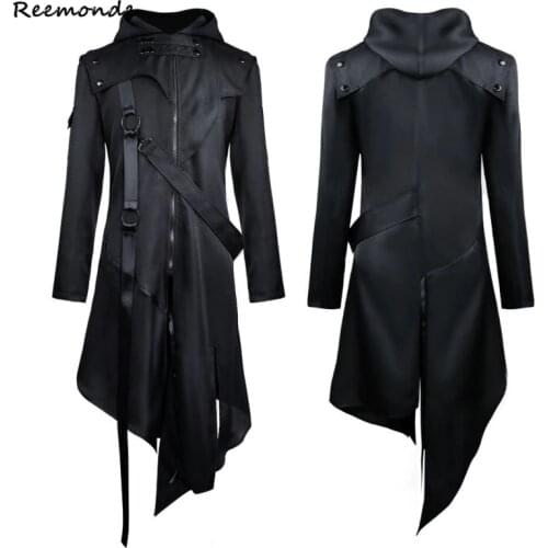 Medieval Costume Men Victorian Gothic Trench Coat Steampunk Long Black Jacket Hoodies Irregular Design Overcoat Uniform Cos