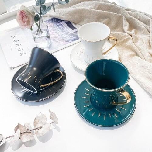 Creative Drum-shaped Coffee Cup Set 200ml Golden Line Drawing Creative Coffee Cup and Ceramic Cup and Saucer Set