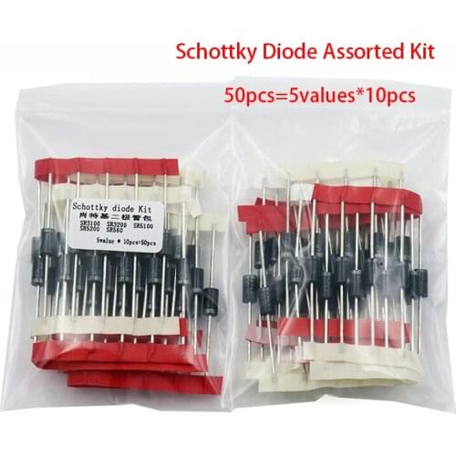 Kit 50pcs=5values*10pcs Schottky Diode Assorted Kit SR3100 SR3200 SR5100 SR5200 SR560 each 10PCS