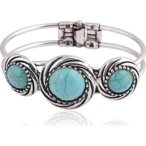 Popular Silver Plated Stackable Round Green Turquoises Stone Bangle for women Fashion Jewelry
