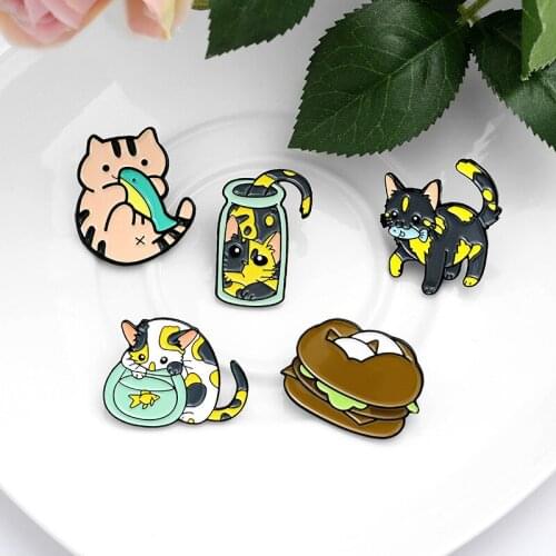 Cat and Fish Enamel Custom Pin Hamburger Fishtank Brooches Cartoon Badges for Bag Lapel Pin Buckle Jewelry Gift For Kids Friends