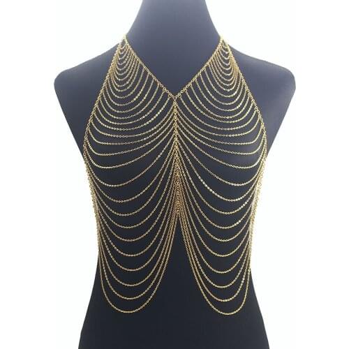 Luxury Multilayer Metal Tassel Gold Color Sexy Women Harness Bra Belly Waist Fashion Costume Chain Bra Dress Bikini Body Jewelry