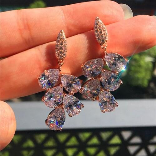 Water Drop White Stone Luxury Crystal Stud Earrings Female Engagement Earrings For Women Rose Gold Silver Color Wedding Earrings