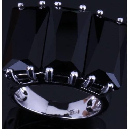 Sublime Huge Rectangle Black Cubic Zirconia Silver Plated Ring V0543