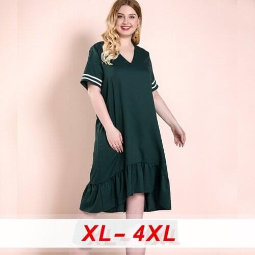 V Neck Short Sleeve Knee Dress Women Plus Size Ribbon Patchwork Ruffles Hem Length Dresses Loose Casual A-Line Female Dress