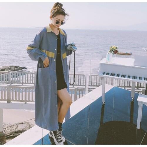 Womens Long Windbreaker 2021 Spring Autumn New Lapel Korean Loose Stitching Contrast Color Drawstring Fashion Single Row Coat F