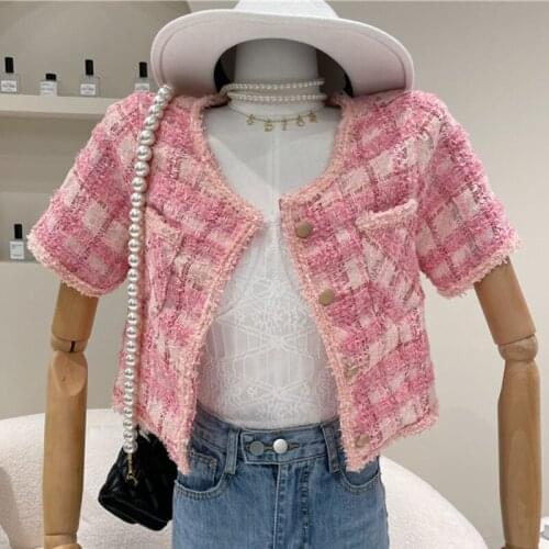 Thin Plaid Tweed Jacket Women Summer O-Neck Short Sleeve Woolen Short Coat Office Lady Crop Tops Pockets Vintage Korean outwear