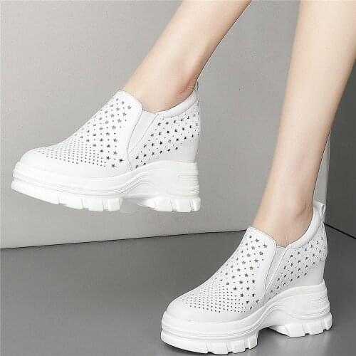 10cm Chunky High Heels Fashion Sneakers Women Genuine Leather Ankle Boots Female Summer Platform Party Pumps Shoes Casual Shoes