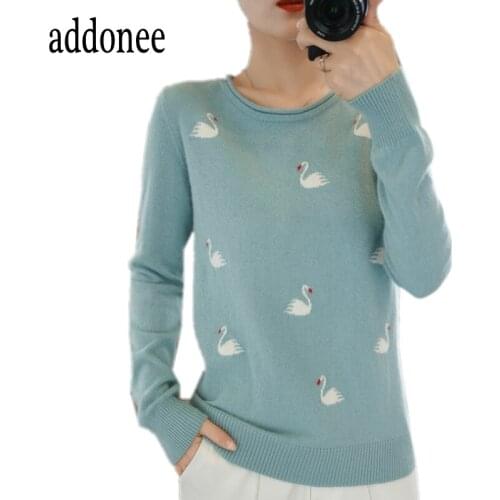 2020 Latest 100% Australian Cashmere Wool O-Neck Sweater Women Female Swan Pattern Pullover Casual Soft Warm Comfortable Loose