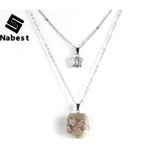 Women Girls Natural Stone Irregular Tourmaline Pendant Necklace Double Layers Metal Crown Charm Choker Clavicle Chain Jewelry