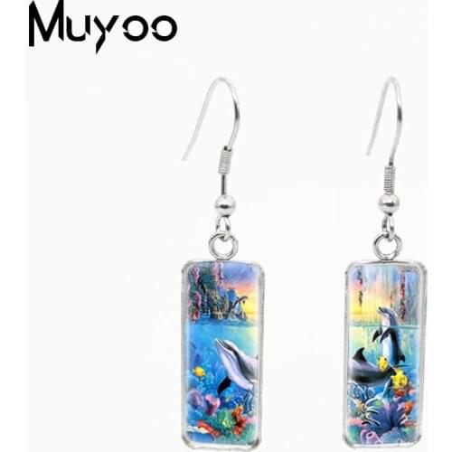 2021 New Dolphin Ocean Animals Lovely Dolphin Couples with Waves Handcraft Glass Cabochon Rectangle Fish Hook Earrings