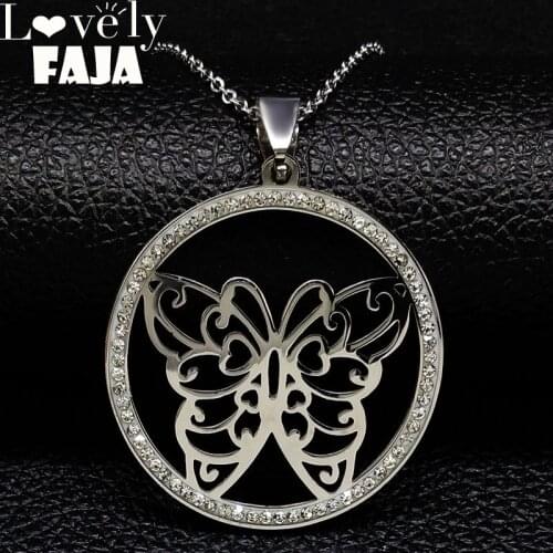 2021 Butterfly Stainless Steel Necklace for Women Silver Color Crystal Necklaces Pendants Jewelry colgantes cristal N18265