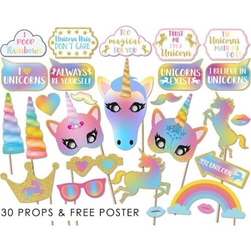30pcs Unicorn Birthday Party Decorations Rainbow Unicorn Photobooth Props Baby Shower Wedding Party Supplies PZ126