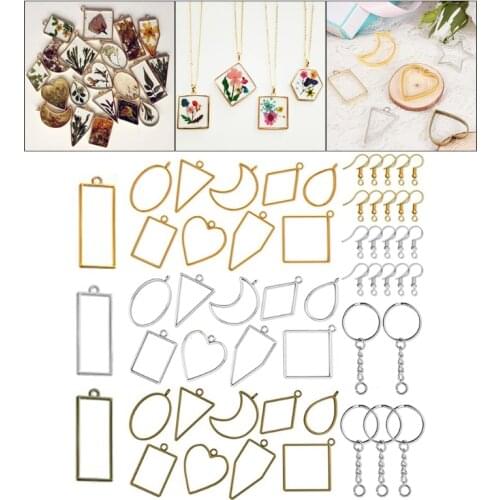 55 Pcs UV Epoxy Hollow Frames Resin Craft Open Bezels Pendants with Keychain Rings and Earring Hooks for Necklaces Bracelet