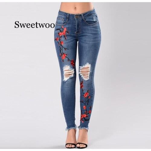 Mid-waist Plum Blossom Embroidery Pencil Pants Womens Clothing Tassel Hole Fashion Jeans Pocket Light Blue Skinny Jeans