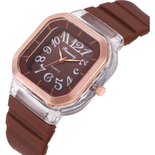 Summer New Creative Womens Watch Silicone Strap Square Digital Dial Simple Elegant Transparent Case Watch