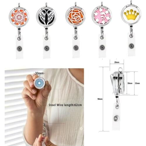 Flower Wing Crown 30mm Stainless Steel Charms Pendant ID Badge Holder Retractable diffuser locket fit key chain 10pads as gift