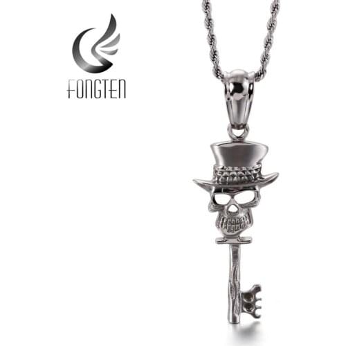 Fongten Skull Key Electric Plug Pendant Necklace Stainless Steel Punk Chain Necklaces For Men Jewelry