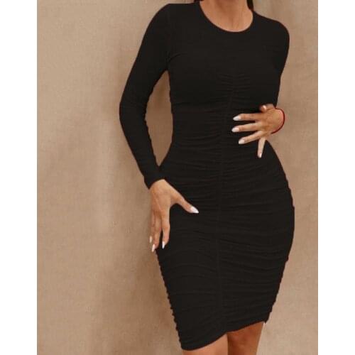 FQLWL Autumn Ruched White Party Sexy Dresses For Women 2021 O Neck Long Sleeve Bodycon Dress Ladies Club Wrap Black Midi Dress