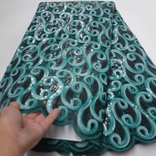 High quality teal green African handcut organza lace fabric with allover sequins embroidery and beads for party dress OP128