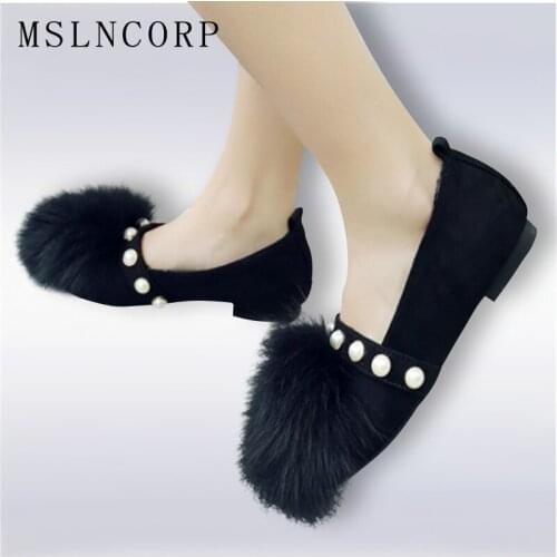 Size 34-45 Women Casual Loafers Shoes Spring Autumn Winter Warm Dough Shoes Cashmere Rabbit Fur Flats Pearls Lazy Student Shoes