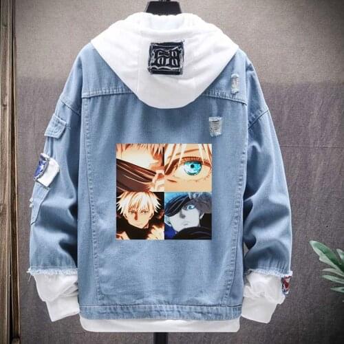 2021 popular Satoru Gojo Shaman Japan Comics Print Hooded Denim Jacket Men Jean Jackets Spring Autumn Outerwear Unisex
