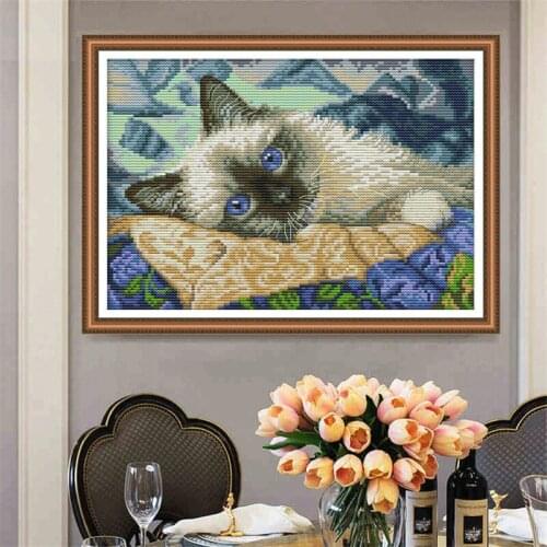 The Blue Eyes Cat Cross Stitch Kit 14ct 11ct Count Animal Printed Embroidery Set Handmade Needlework for Home Living Room Decor