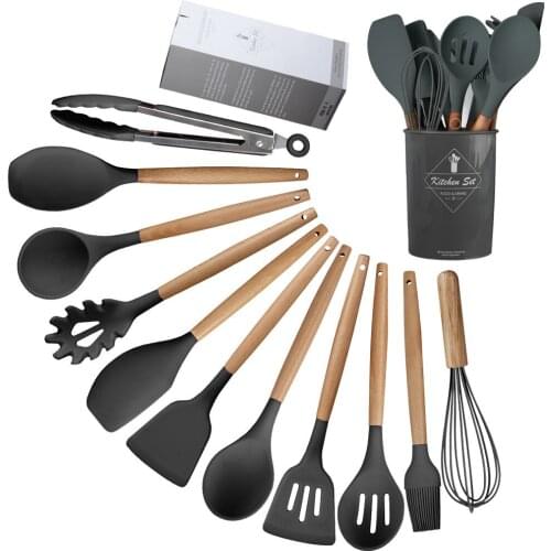 12PCS Silicone Cooking Utensils Set Storage Box Holder Non-stick Spatula Shovel Wooden Handle Cooking Tools Set Kitchen Tools