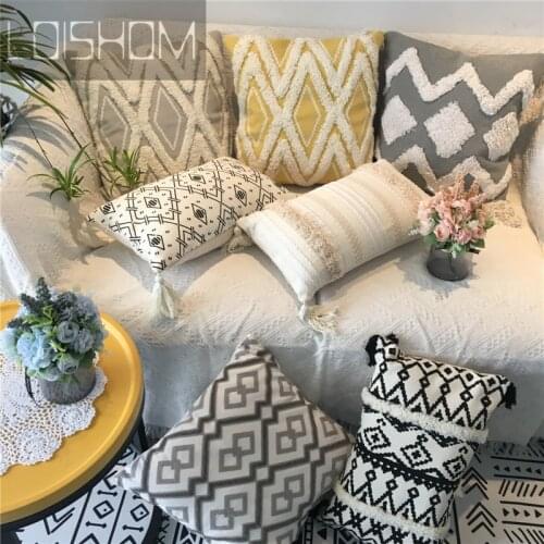 Yellow Grey Cotton Embroidery Cushion Cover with Tassels Wave Home Decoration Pillow Cover Sofa Pillowcase Pillow Sham 30x50cm