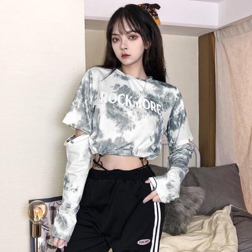 OM Trendsetter Hall Design Tie-Dye Loose Reflective Printed Top Street Style Drawstring Waist Cut-out Sweater Long Sleeve